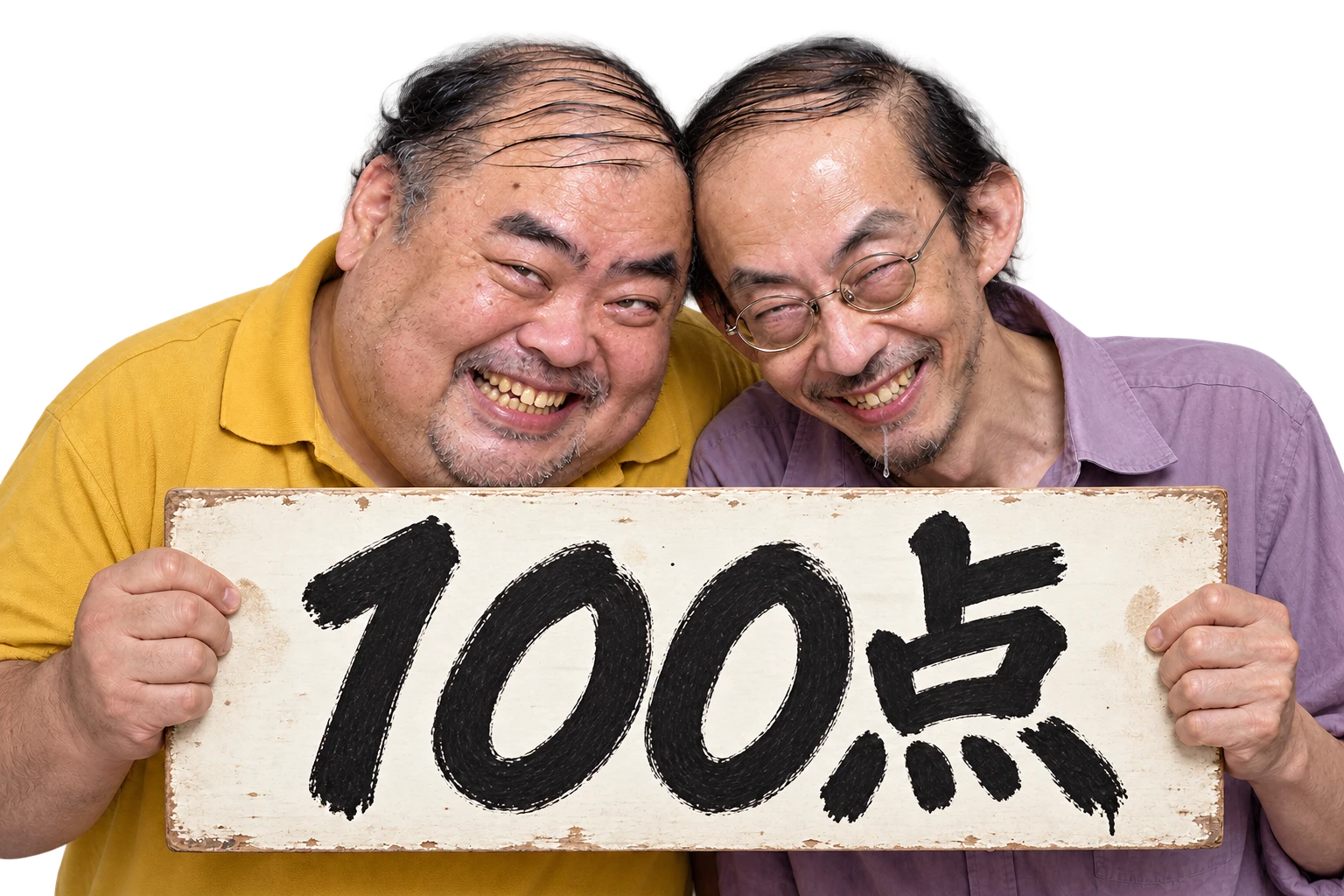 みっちゃんとぬめさんが持つ看板:二人の総合点 100点